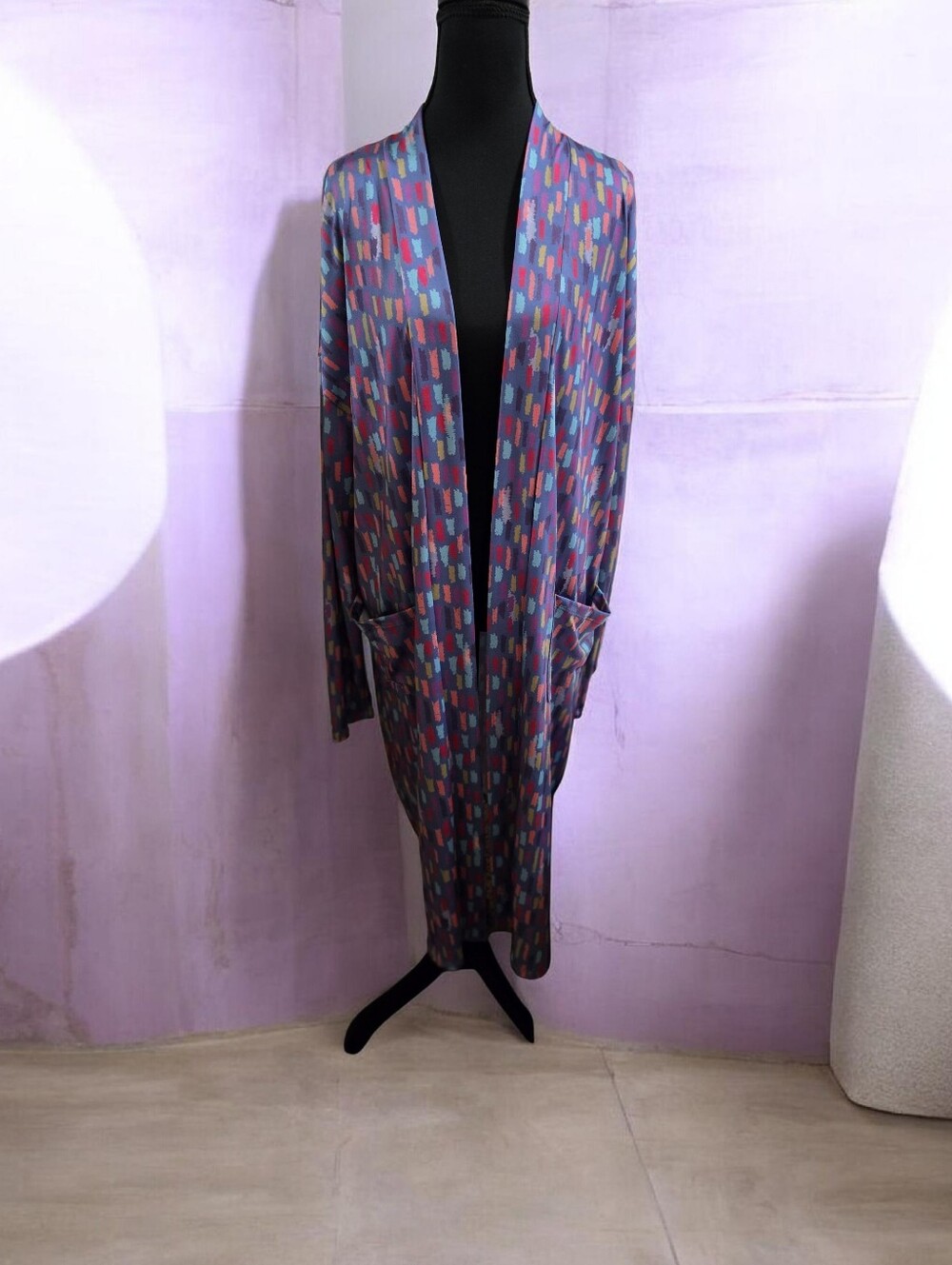 Long Open Duster Cardigan in Multicolor Geometric Print NWOT size Xl